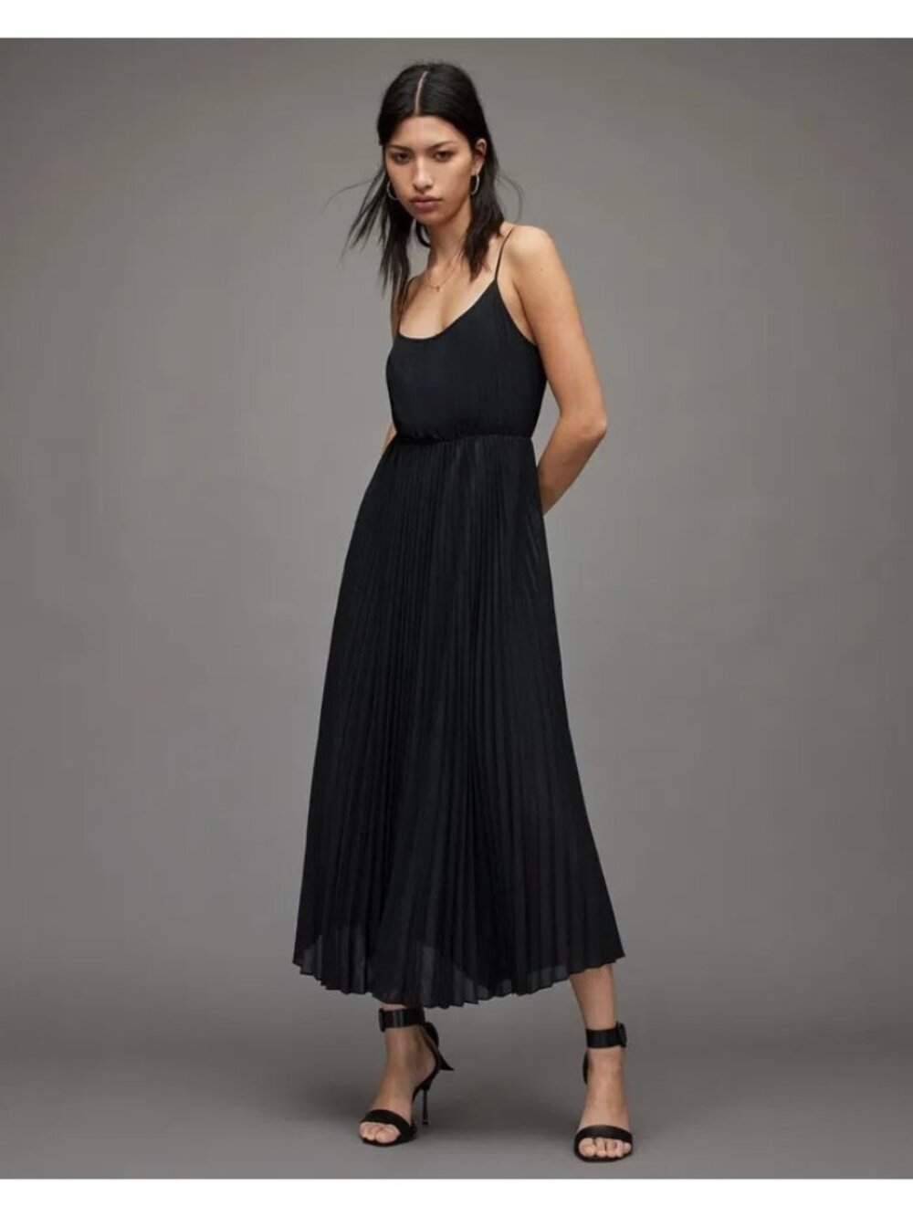 All Saints Elara Sz Large Pleated lined high waisted little black dress pleats - Picture 1 of 9